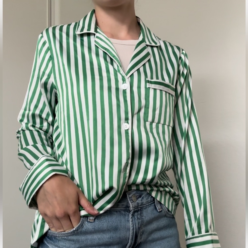 Satin green and white long sleeve button down pajama top